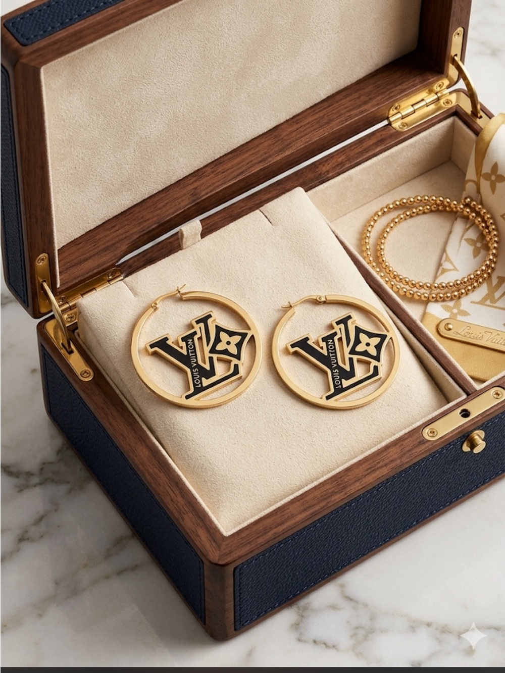 Gold Hoop Earrings with Black LV Monogram (No box )